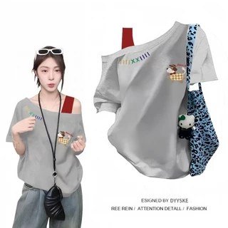 เสื้อยืดแขนสั้นผู้หญิง ไหล่เฉียง ลายหมีพิมพ์ผ้า ตัวหลวมสวย ไม่หดไม่ซีด ใส่สบาย