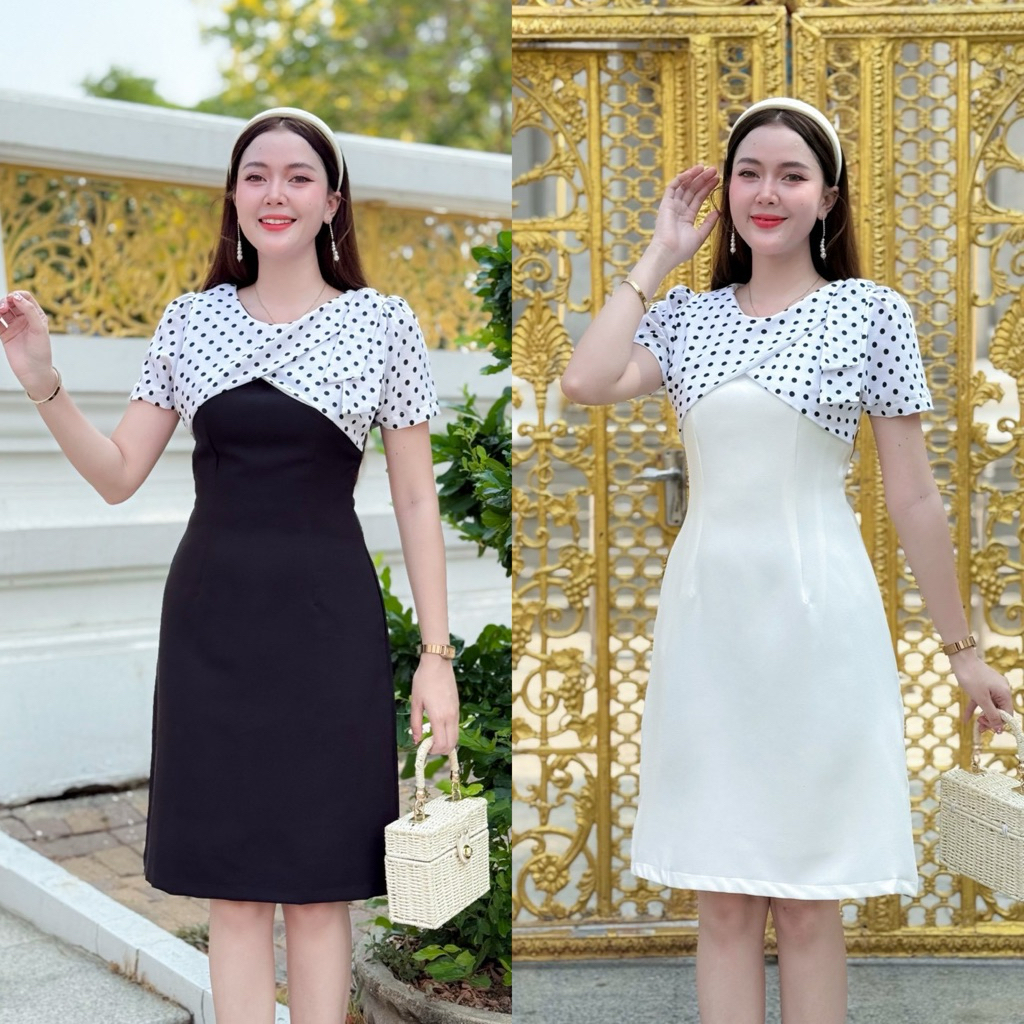 (มีซับใน)เดรสผ้าเปเป้+กั๊กผ้าไหมอิตาลี ทรงเอ สีดำ/สีขาวแต่งกั๊ก+โบว์ไหล่ งานซิปหลัง ใส่สบาย