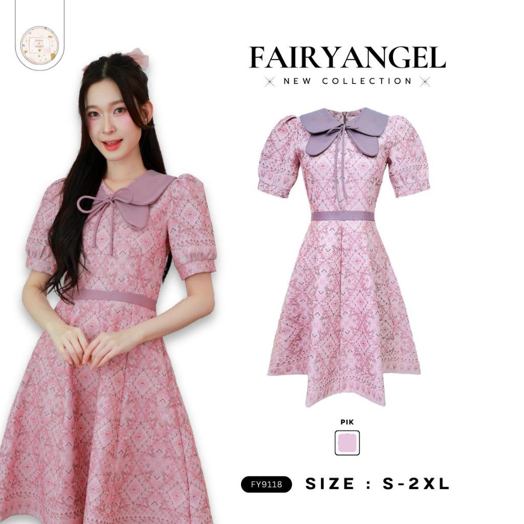 Fairyangelstore - เดรสคอปกบัวผีเสื้อแขนตุ๊กตาพิมพ์ลาย (FY9118)