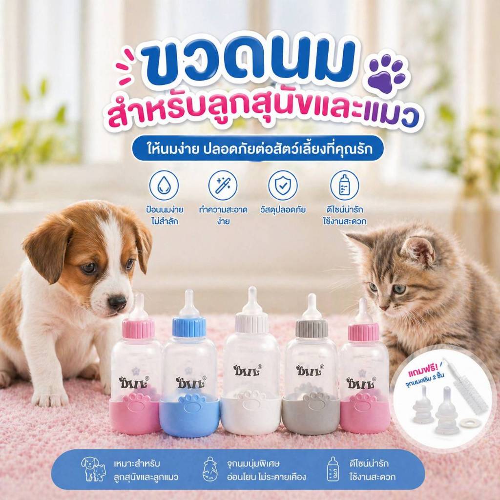MI ขวดนมสำหรับป้อนลูกสุนัข แมว ขวดนมสำหรับสัตว์ จุ๊กนมนุ่ม ใช้ป้อนลูกสุนัขแรกเกิดและ ลูกแมว LS214-LS215