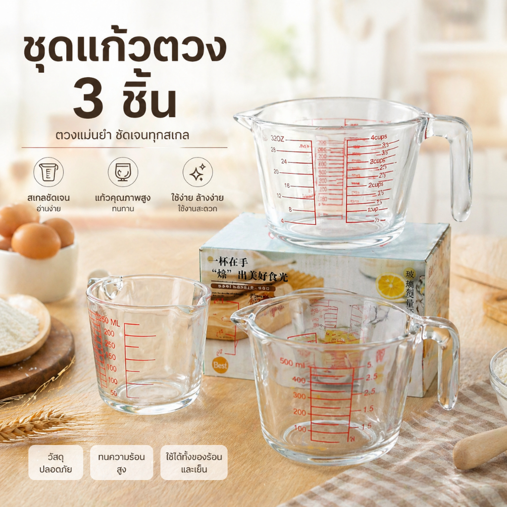 ถ้วยตวงแก้ว 350ML/500ML/1000ML ทำจากแก้วอย่างหนา ทนความร้อนสูง ทนทาน สามารถเข้าไมโครเวฟ