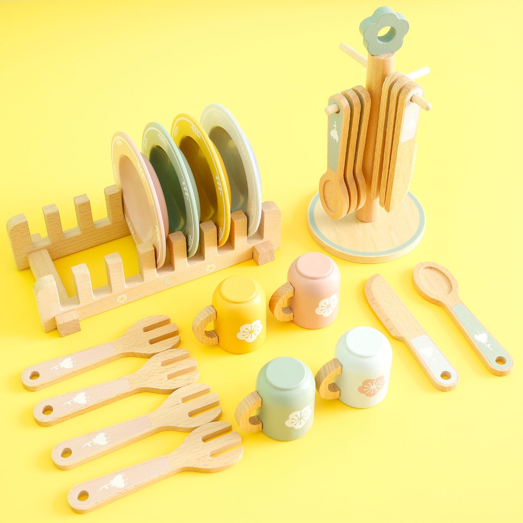 ของเล่นไม้ เล่นชุดอาหารสําหรับเด็กห้องครัว Montessori Play แผ่นและจานเล่นอุปกรณ์ครัวสําหรับชายหญิงของขวัญ