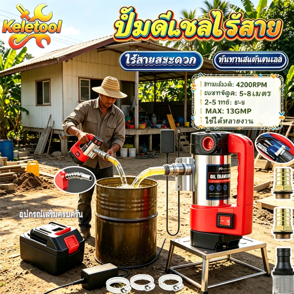 ปั้มน้ำมันไฟฟ้าไร้สาย ต่อพ่วงแบตเตอรี่ 220V ปั๊มดูดน้ำ ถ่ายน้ำมัน Diesel Transfer Pump เครื่องสูบน้ำ