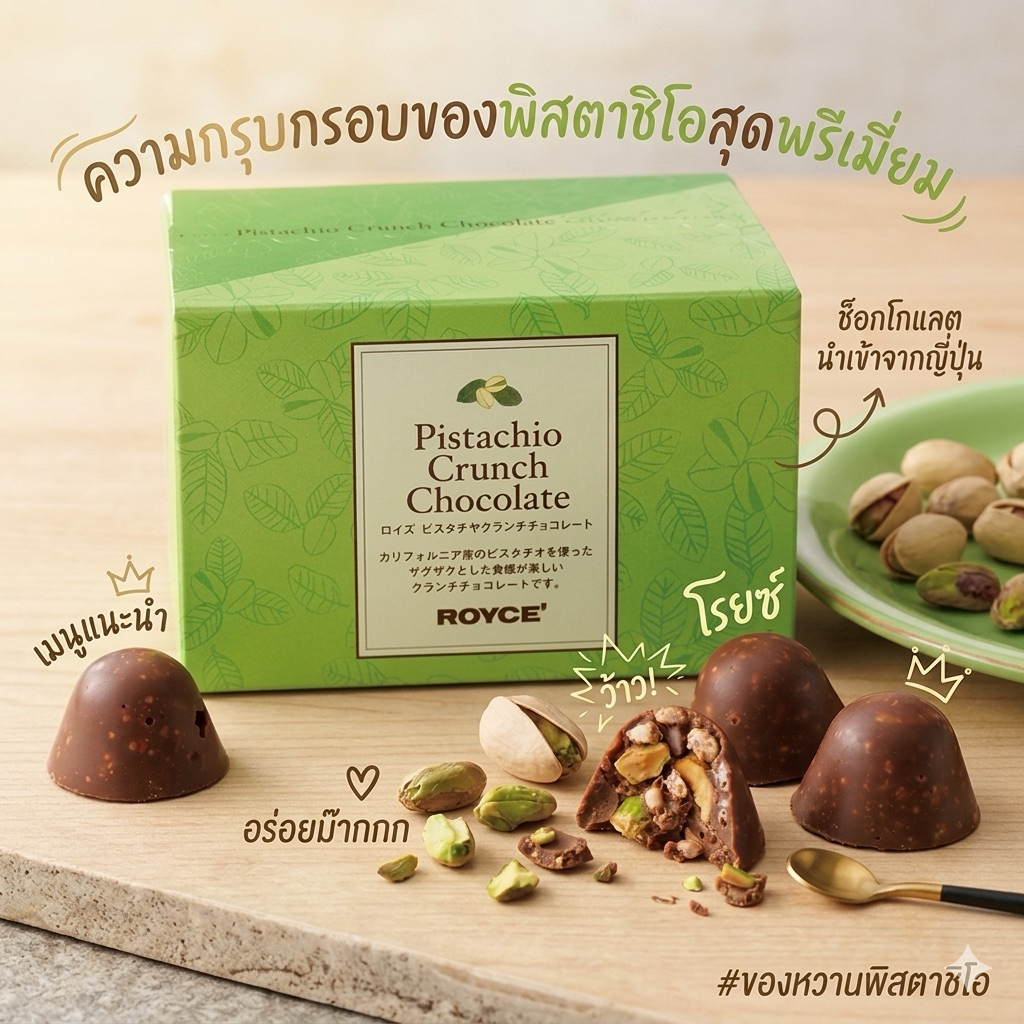 ROYCE Pistachio Crunch Chocolate ความกรุบกรอบที่ได้จากถั่วพิสตาชิโอคั่วบดผสมกับคุกกี้ครันช์ เคี้ยวเพลินจนหยุดไม่ได้