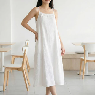 เดรสสายเดี่ยวผ้าสาลู 2 ชั้น อัดย่นลายวาฟเฟิล สไตล์ Minimal Lanna (ไม่ต้องรีด!)