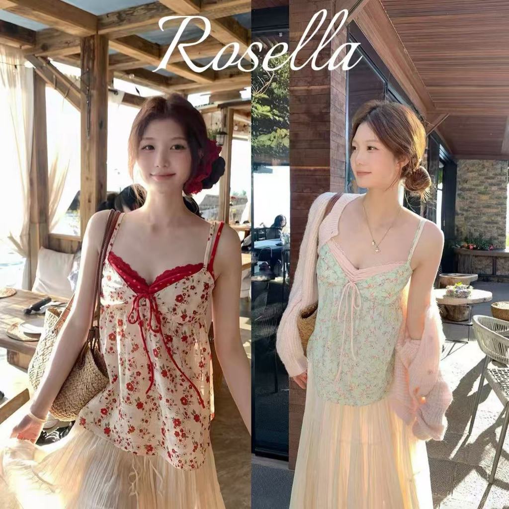 Rosella【สินค้าใหม่👗】เสื้อสายเดี่ยวแขนกุดทรงน่ารัก พิมพ์ลายดอกไม้ ดีไซน์แบบซ้อนชั้น คอวี