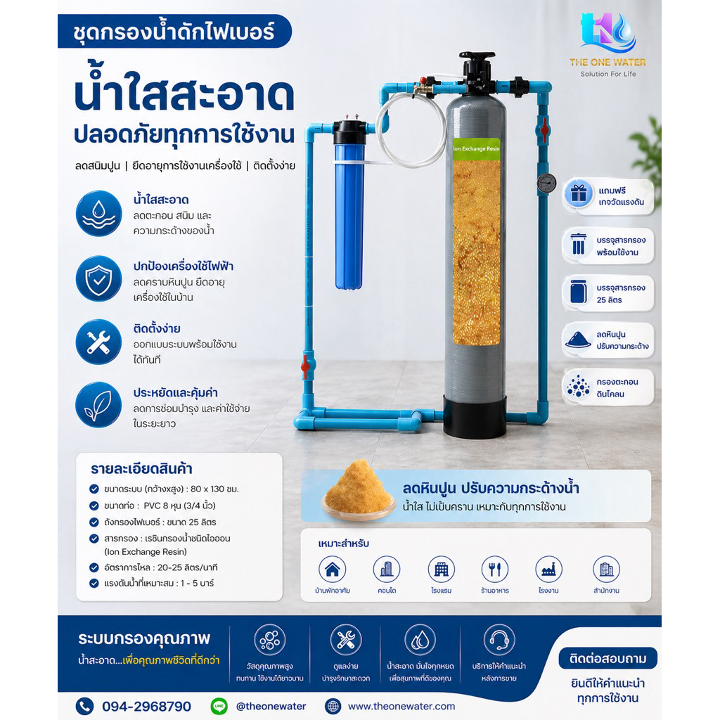 เครื่องกรองน้ำไฟเบอร์ขนาด 8 × 44 บรรจุสารกนองเรซิ่นพร้อมเฮาซิ่งขนาด20นิ้วกรองฝุ่นตะกอน
