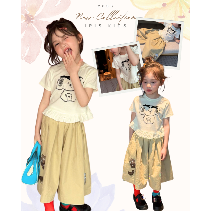 「สินค้าลิขสิทธิ์แท้」IRIS KIDS 26ss IKS260380 Little Teddy shirt/pants ชุดเด็กผู้หญิง สไตล์มินิมอล เสื้อยืดลายหมี กางเกง