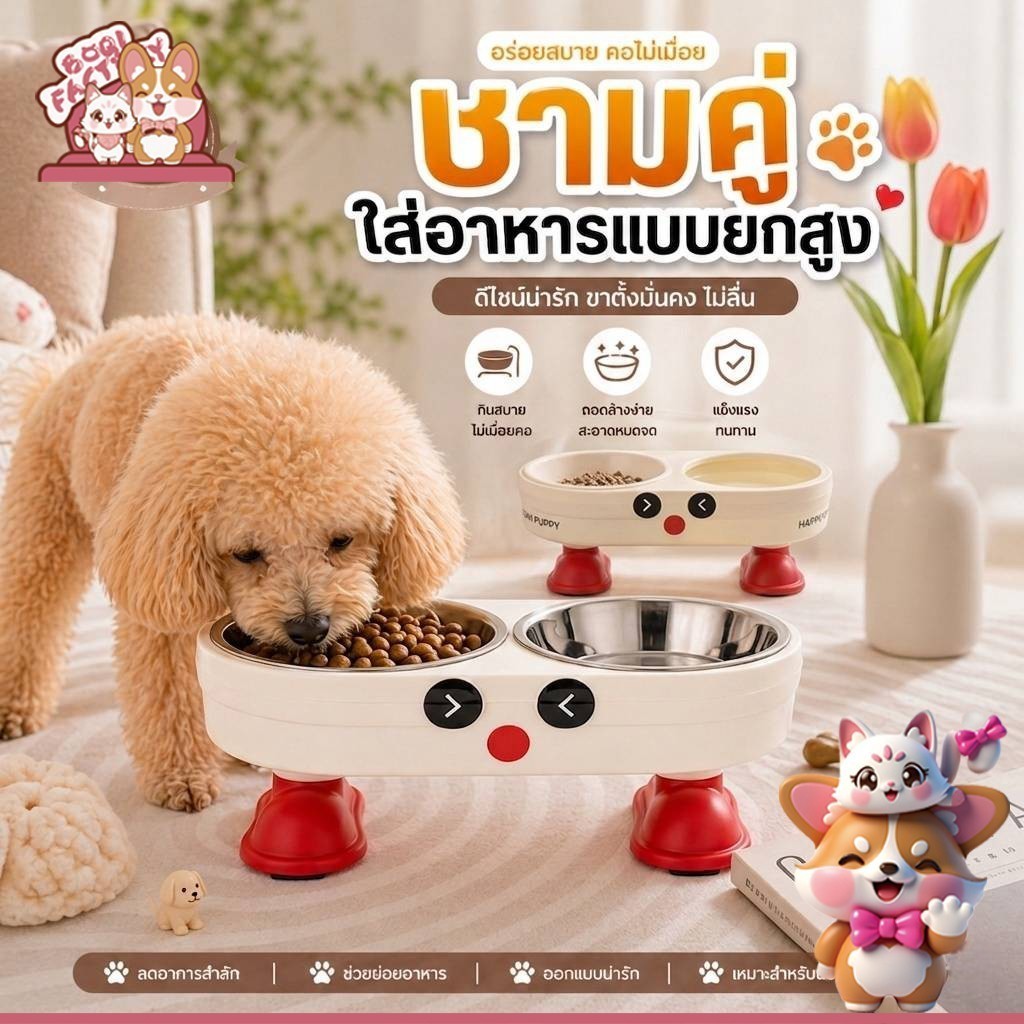 Boqi Factory ชามคู่ใส่อาหารและน้ำแบบยกสูงสำหรับสัตว์เลี้ยง ชามใส่น้ำ ใส่อาหาร  Robotbowl