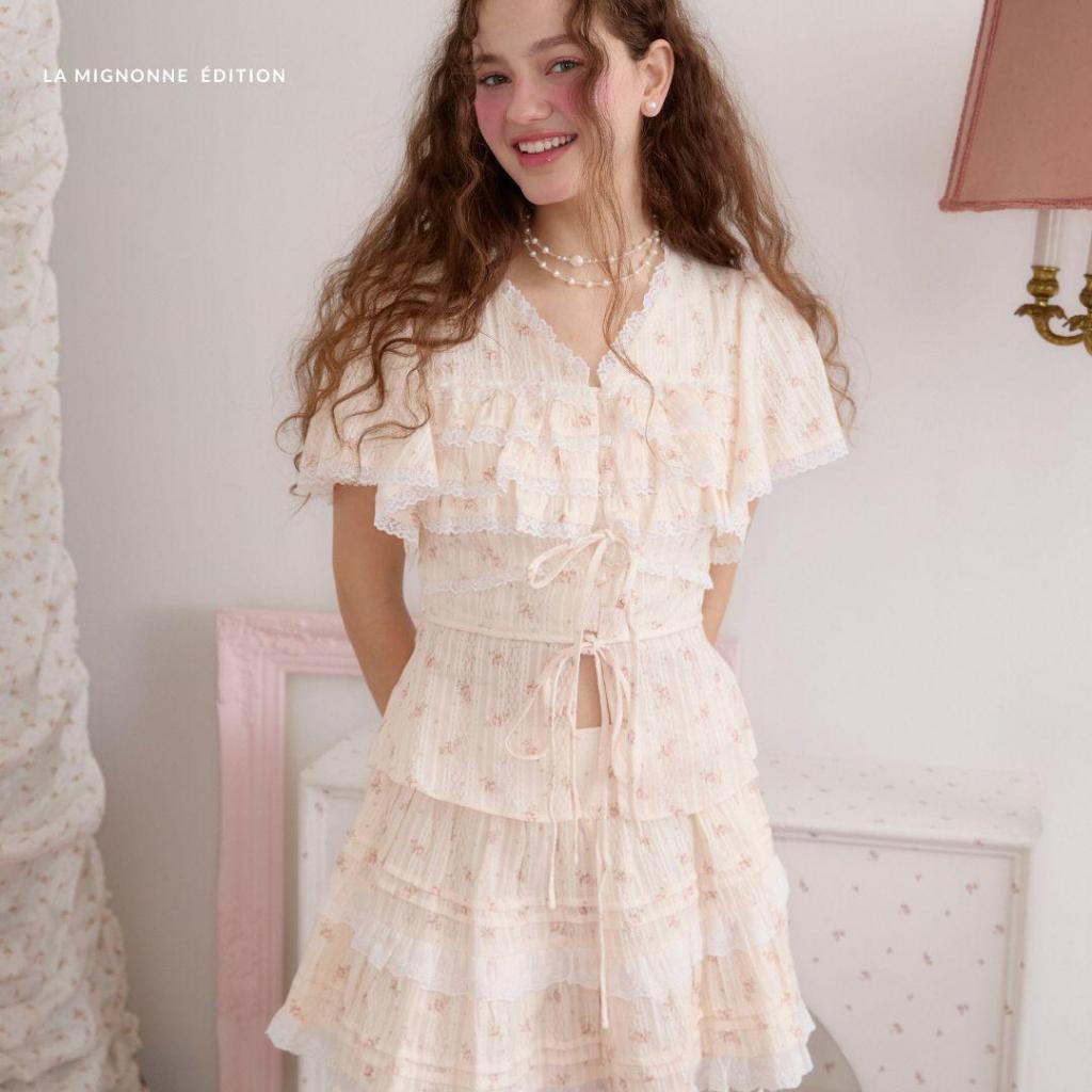 La Mignonne(XS-4XL)Carilna Mikala Set ครบจบในชุดเดียว  เสื้อพริ้วลายดอกใส่สบาย เพิ่มความพิเศษด้วยกระโปรงมีซับใน