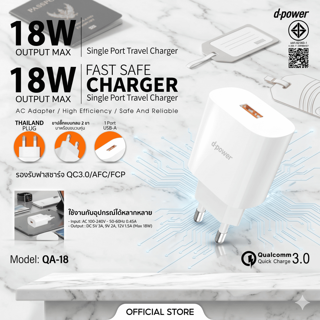 d-power หัวชาร์จด่วน 18W รุ่น QA-18 | Fast Charger Quick Charge 3.0 ขาปลั๊กกลม USB-A มอก.
