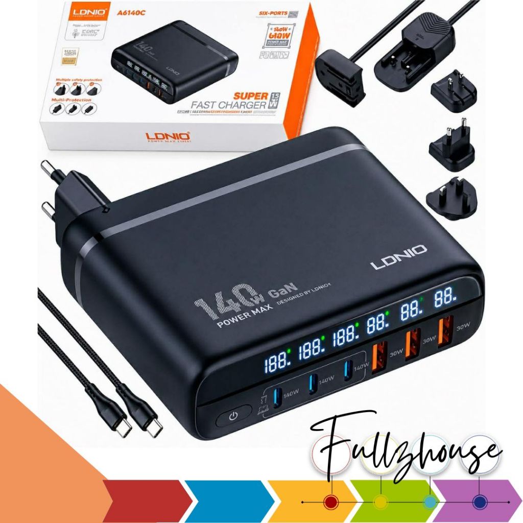 จัดส่งด่วน LDNIO A6140C 140W GaN ที่สุดของการชาร์จไว สามารถใช้พร้อมกันได้ถึง 6 ช่อง ทั้ง USB Type-C 