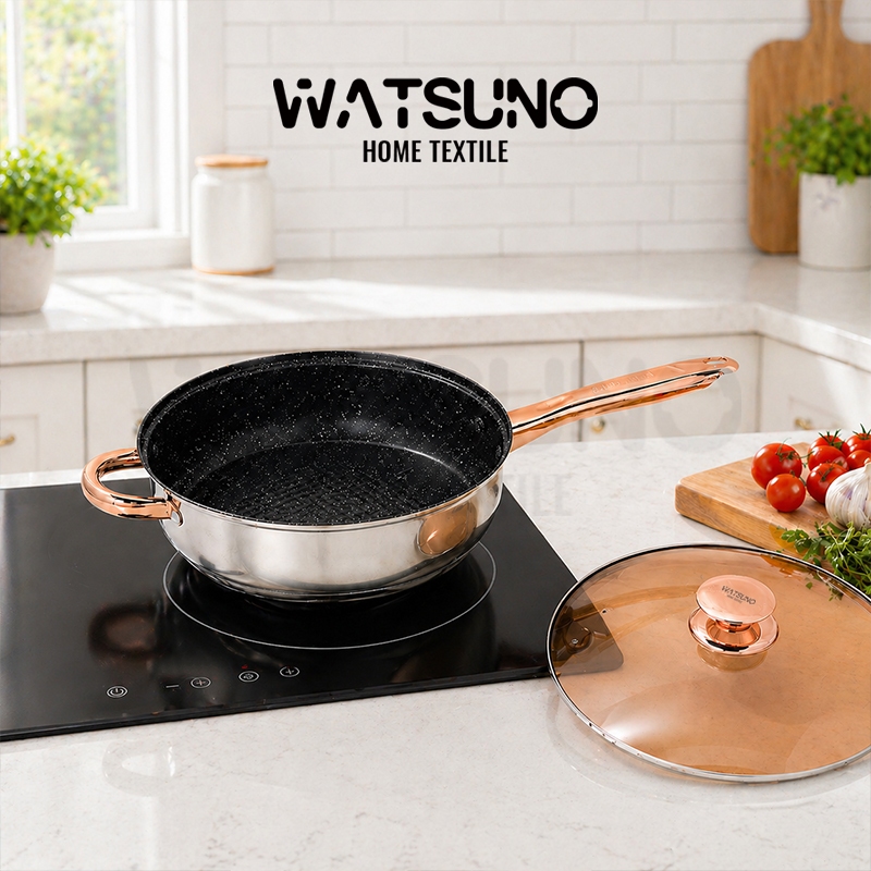 Watsuno.กระทะสแตนเลสเคลือบกันติด หม้อซอส/หม้อน้ำเกรวี่ พร้อมฝาแก้ว ใช้ได้กับเตาแม่เหล็กไฟฟ้าและเตาแก๊ส