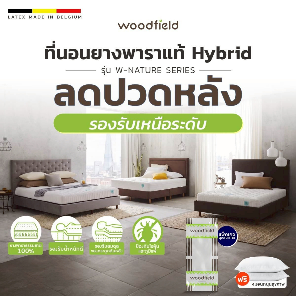 Woodfield ที่นอนยางพาราแท้ Hybrid รุ่น W-Nature Series ลดปวดหลัง รองรับเหนือระดับ หนา 7–9 นิ้ว ฟรีหมอนสุขภาพ ส่งฟรี