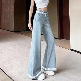S~5XL Flared wide-leg jeans กางเกงยีนส์ขายาวทรงบานแต่งขอบลูกไม้สุดอินเทรนด์ สไตล์ใหม่ปี 2026 เอวสูง ทรงหลวม ขากางเกงตรง