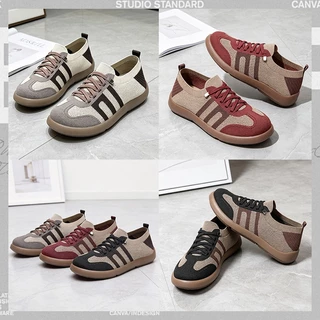 Kicks รองเท้าลำลองผู้หญิงงานสปอร์ต งานสวยสไตล์ผ้าถักตาข่ายสีน้ำตาลดำ ระบายอากาศ ดีไซน์พื้นนุ่มกันลื่นหนา ส่งตรงจากไทย