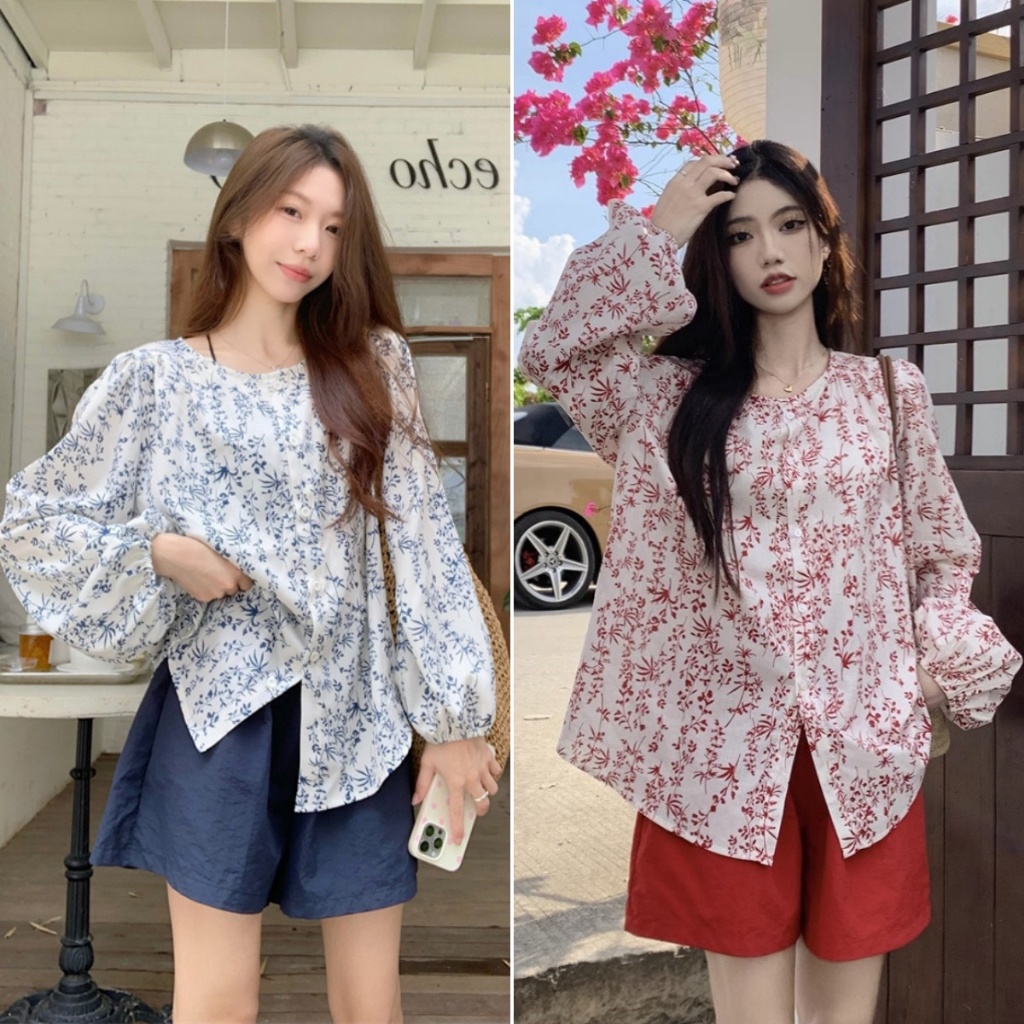 Bella Shop เสื้อเชิ้ตแขนยาวลายดอกไม้สำหรับผู้หญิง ผู้หญิงเสื้อบาง คอกลม สไตล์ย้อนยุคฝรั่งเศส หลวมและสบาย