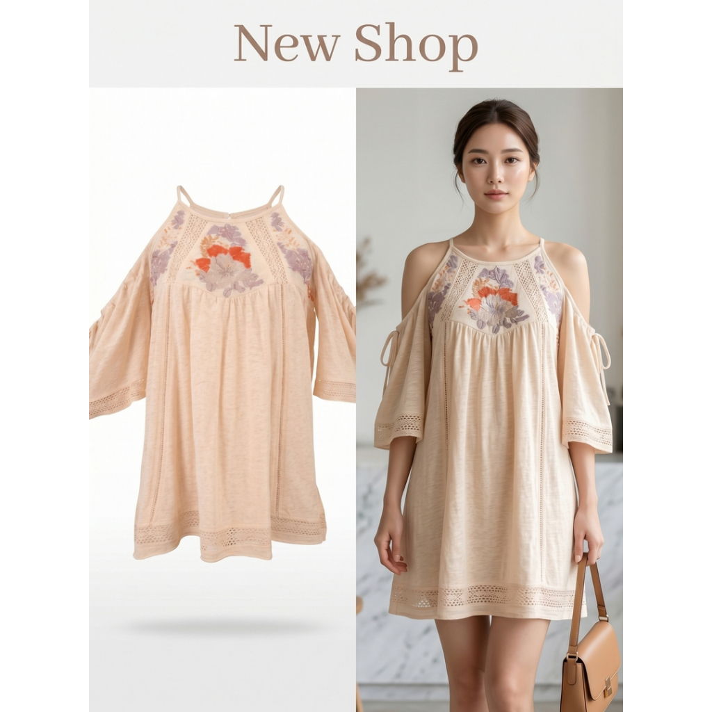 เสื้อสายเดี่ยว เปิดไหล่ ปักลายดอกไม้ สีนู้ด แขนยาว มีเชือกผูก เปิดหลัง