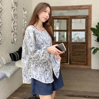 Bella Shop เสื้อเชิ้ตแขนยาวลายดอกไม้สำหรับผู้หญิง ผู้หญิงเสื้อบาง คอกลม สไตล์ย้อนยุคฝรั่งเศส หลวมและสบาย