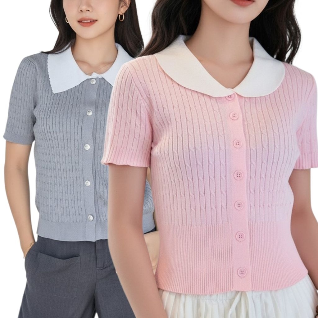 MIWAKO เสื้อไหมพรมถักแขนสั้นสีชมพู สีเทา โบว์จิ๋ว พร้อมส่งจากไทย