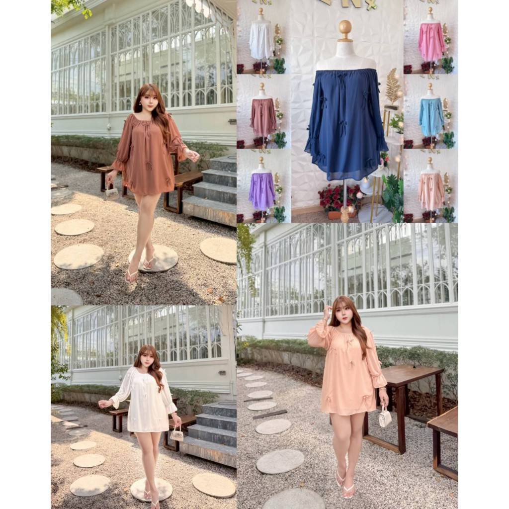 มินิเดรสชีฟอง เปิดไหล่ สไตล์เกาหลี ทรงฟรีไซต์ 38-50“ สม็อคไหล่ มีซับในทั้งตัว น่ารักมากๆ พลัสไซส์ ไซส์ใหญ่ LN