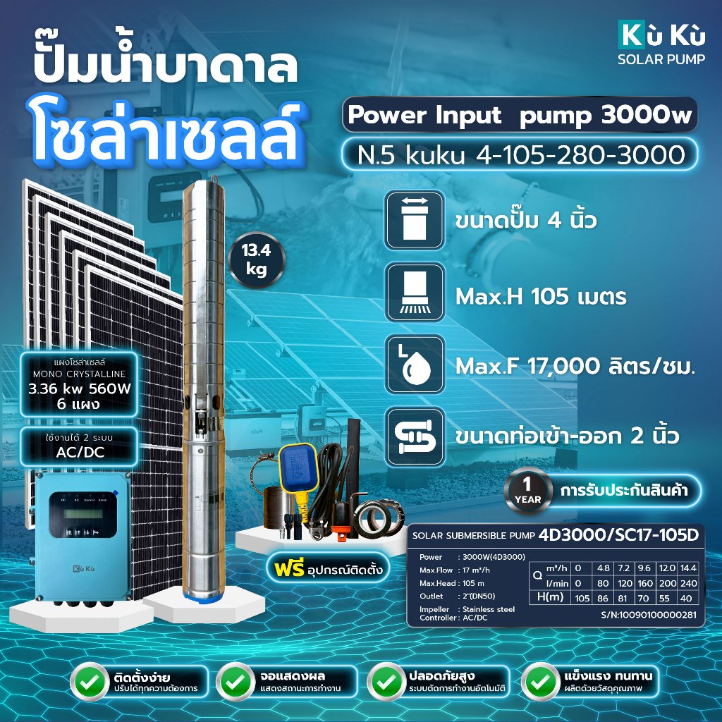 ปั๊มน้ำบาดาล โซลาร์เซลล์ 3.36 Kw (6*560) KUKU PUMP N.5 AC/DC 3000W Max.H 105m Max.F 280 L/S 2"