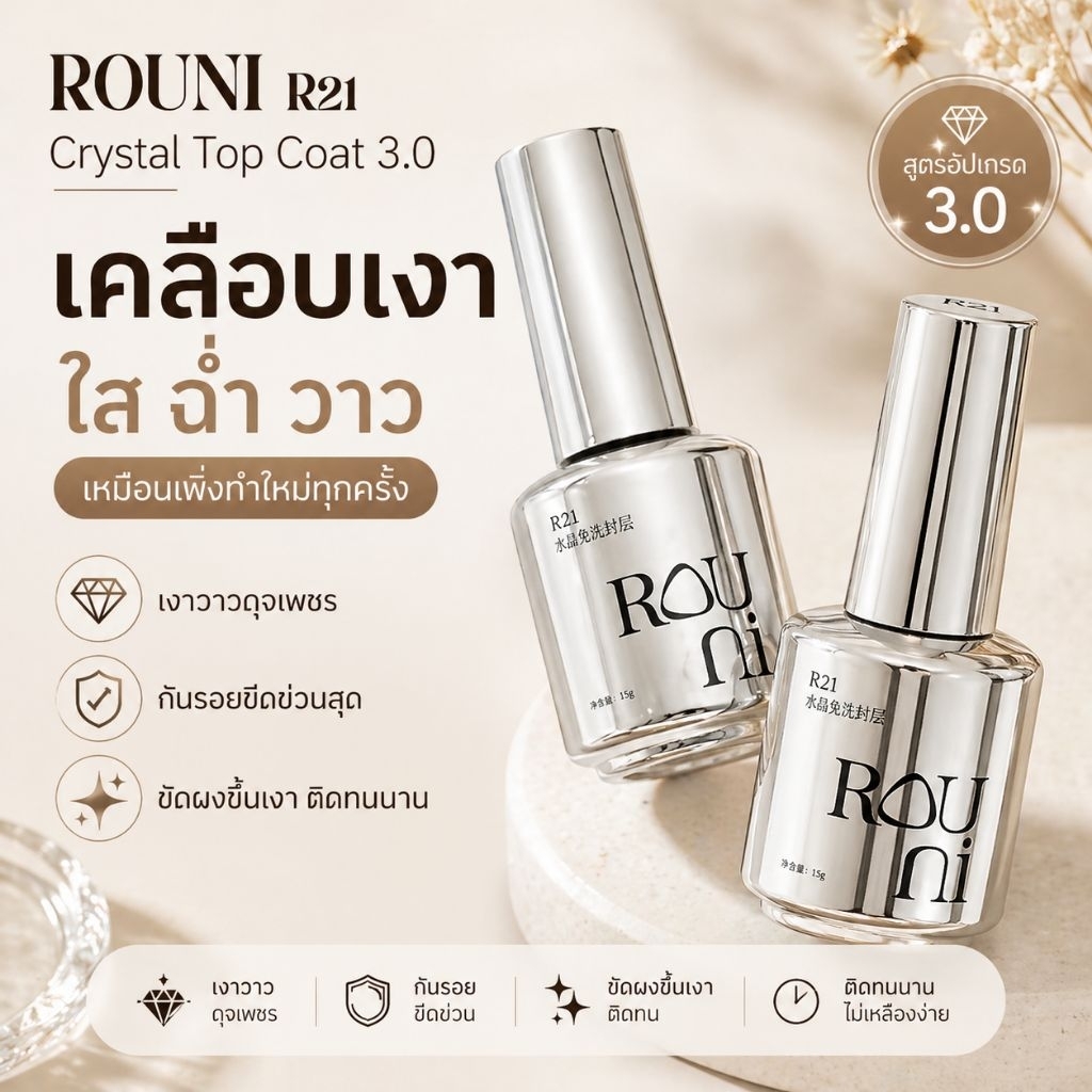 จัดส่งทันที ♡ ROUNI R21 R03 ♡ Black Diamond Topcoat Base Coat เงาระดับเพชร ติดทนกว่า 45 วัน