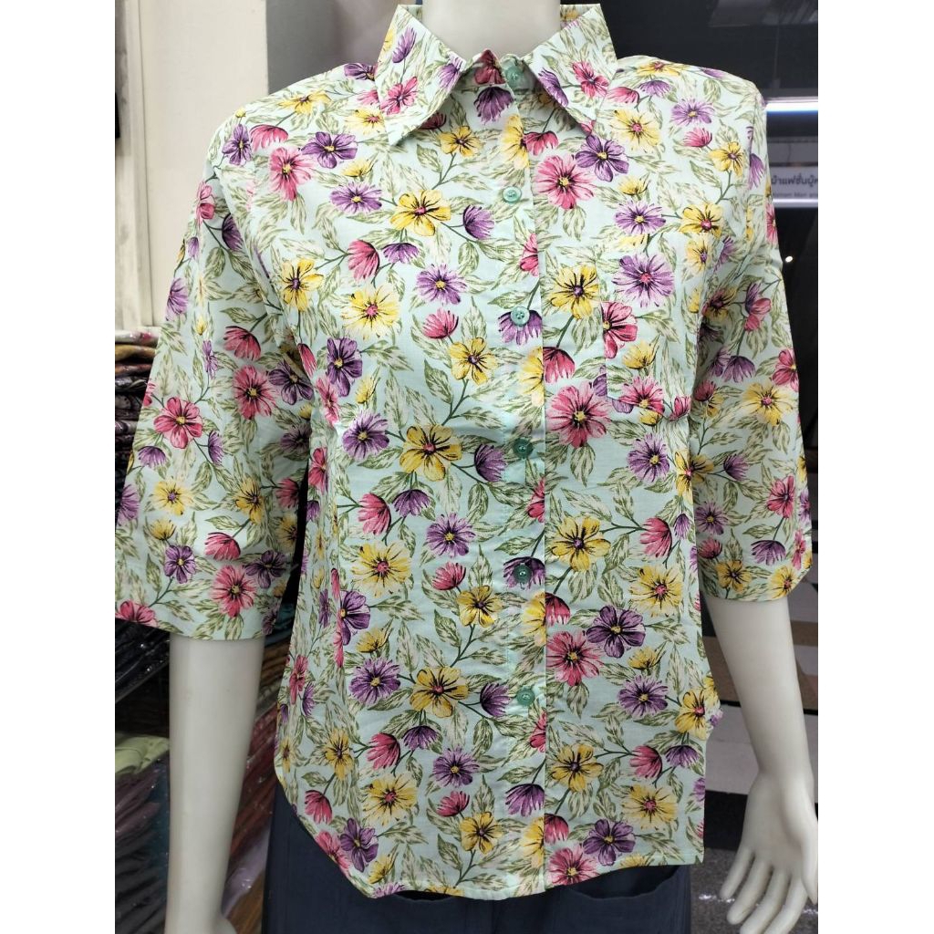 เสื้อเชิ๊ตแตงโมแขนสามส่วนผ้าป่านมีสลิน
