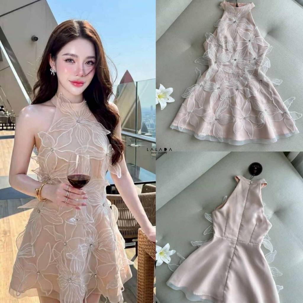 LALADA เดรสสั้นแขนกุดสีชมพูดอกไม้ 3D