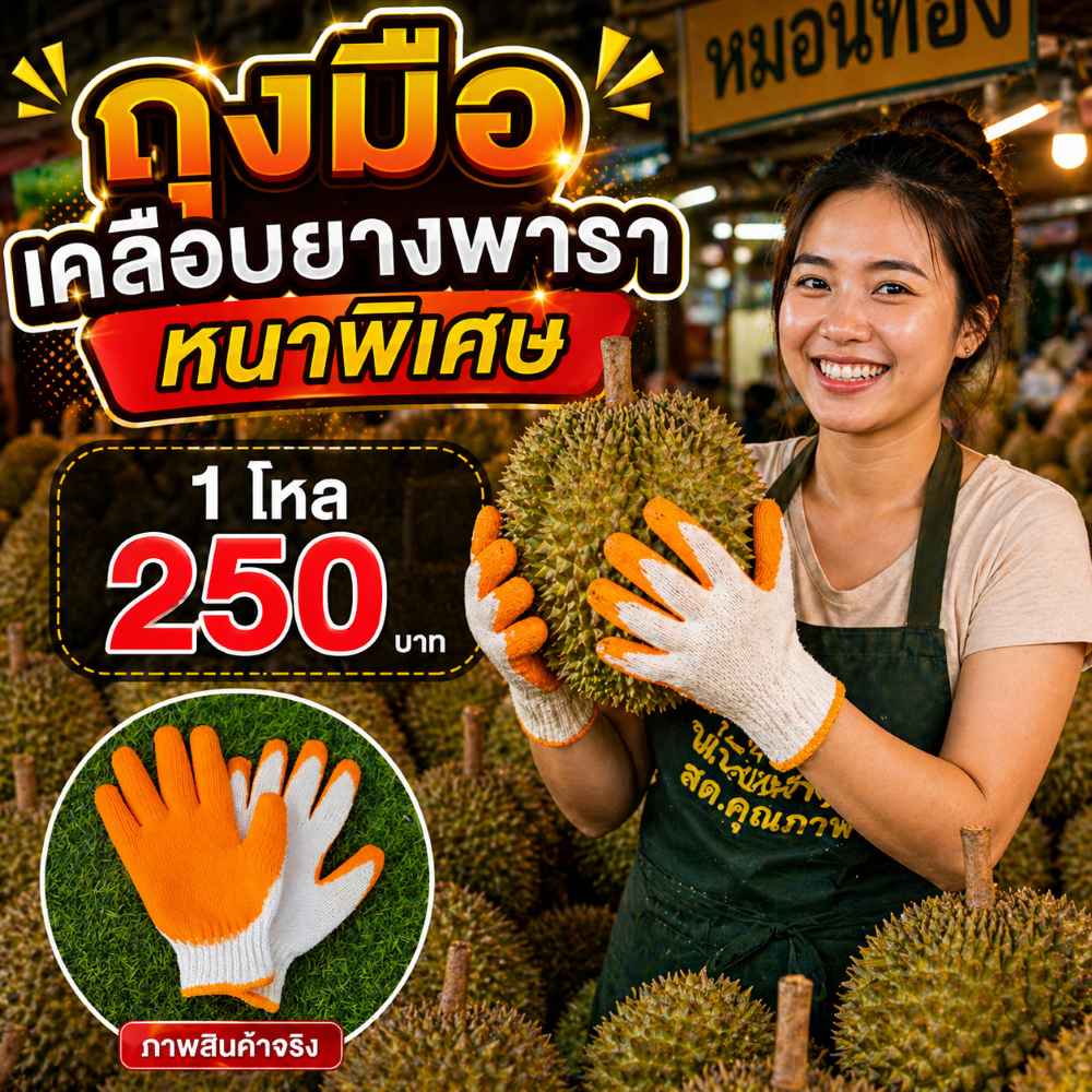 1 โหล(12 คู่) ถุงมือจับทุเรียน ถุงมือเคลือบยางพารา รุ่นหนาพิเศษ