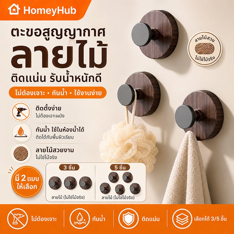 ตะขอติดผนัง ตะขอสูญญากาศ ลายไม้เทียม ไม่ต้องเจาะ รับน้ำหนักดี กันน้ำ ใช้ในห้องน้ำ ห้องครัว พร้อมส่ง เก็บเงินปลายทาง