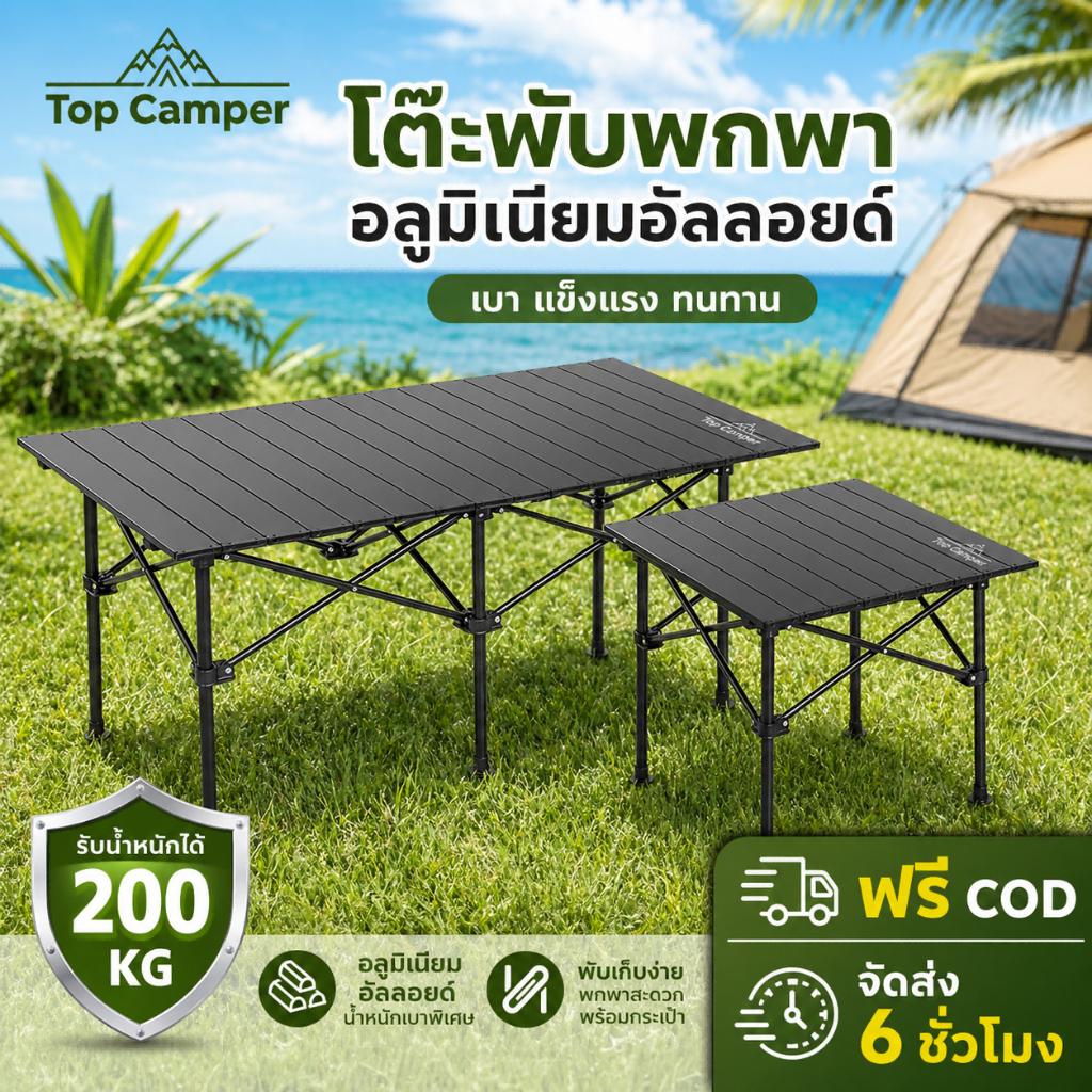 Topcamper 2026 โต๊ะปิคนิคอลูมิเนียมพับได้ 35/53cm แบบพกพา กลางแจ้ง โต๊ะพับแคมป์ปิ้ง