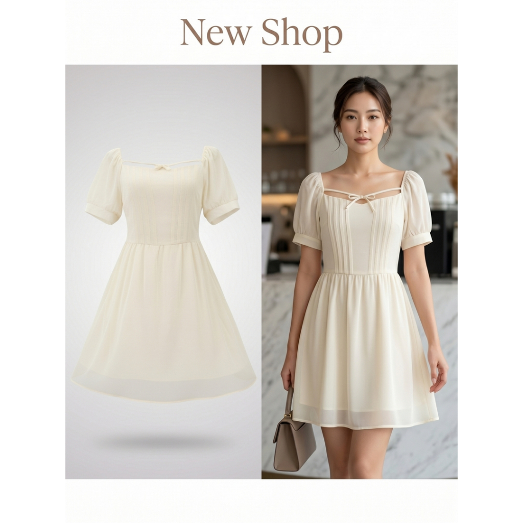 ชุดเดรสผู้หญิงโทนครีม ใส่ได้หลายโอกาสแขนพอง
