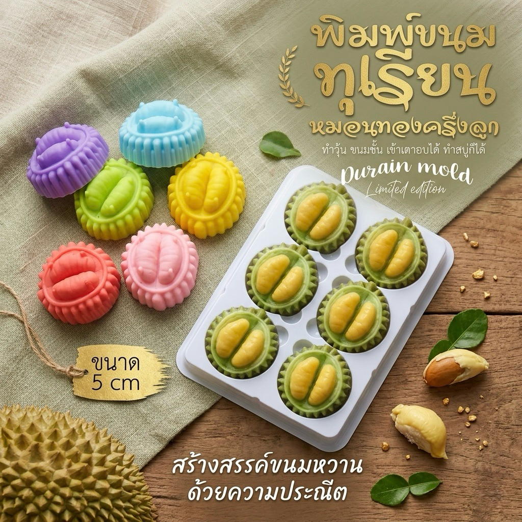 แม่พิมพ์ขนม ทุเรียนหมอนทอง5ซม. แพ็คละ 6ชิ้น