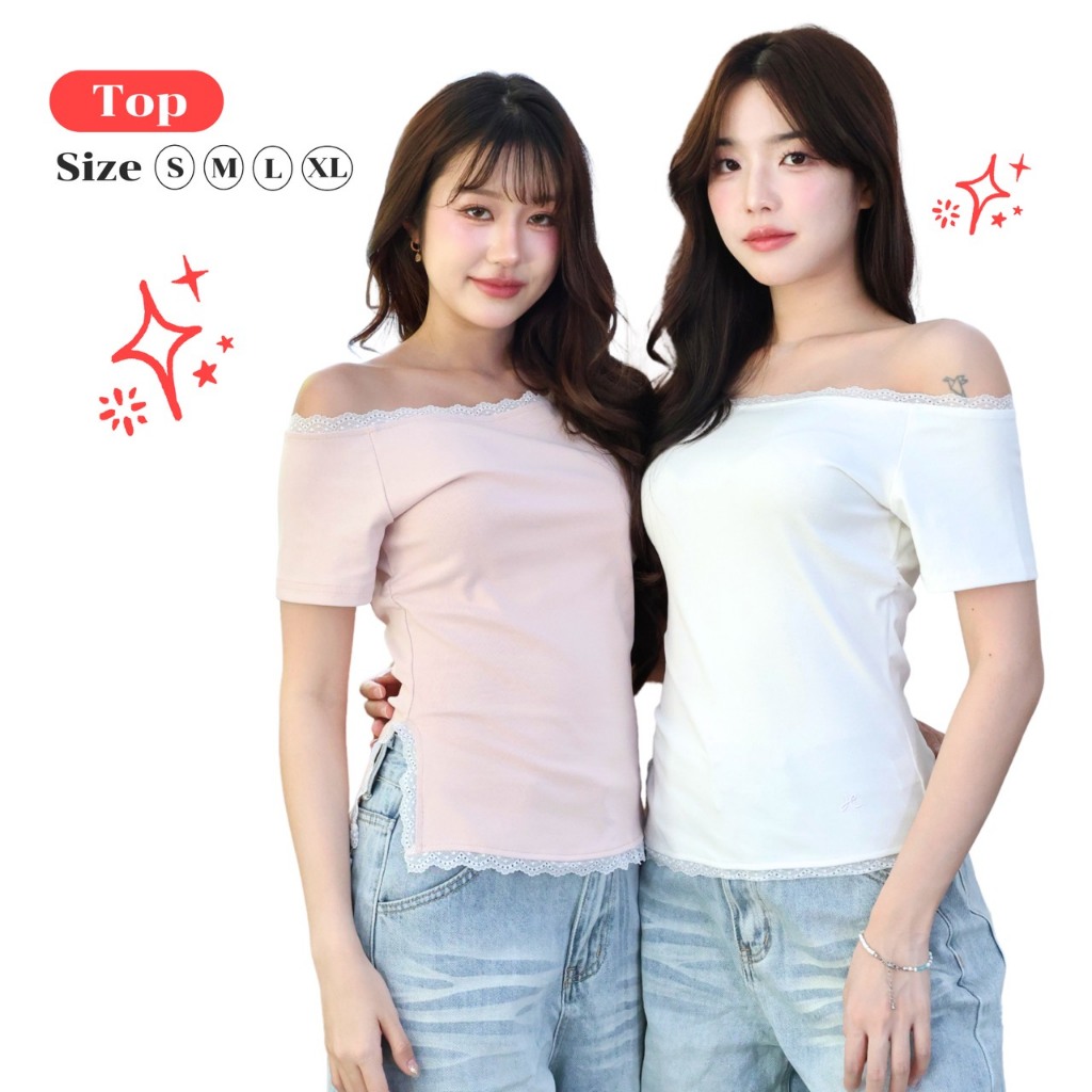 JARINYA (S-XL) เสื้อปาดไหล่แหวกข้าง แต่งลูกไม้ตรงขอบ