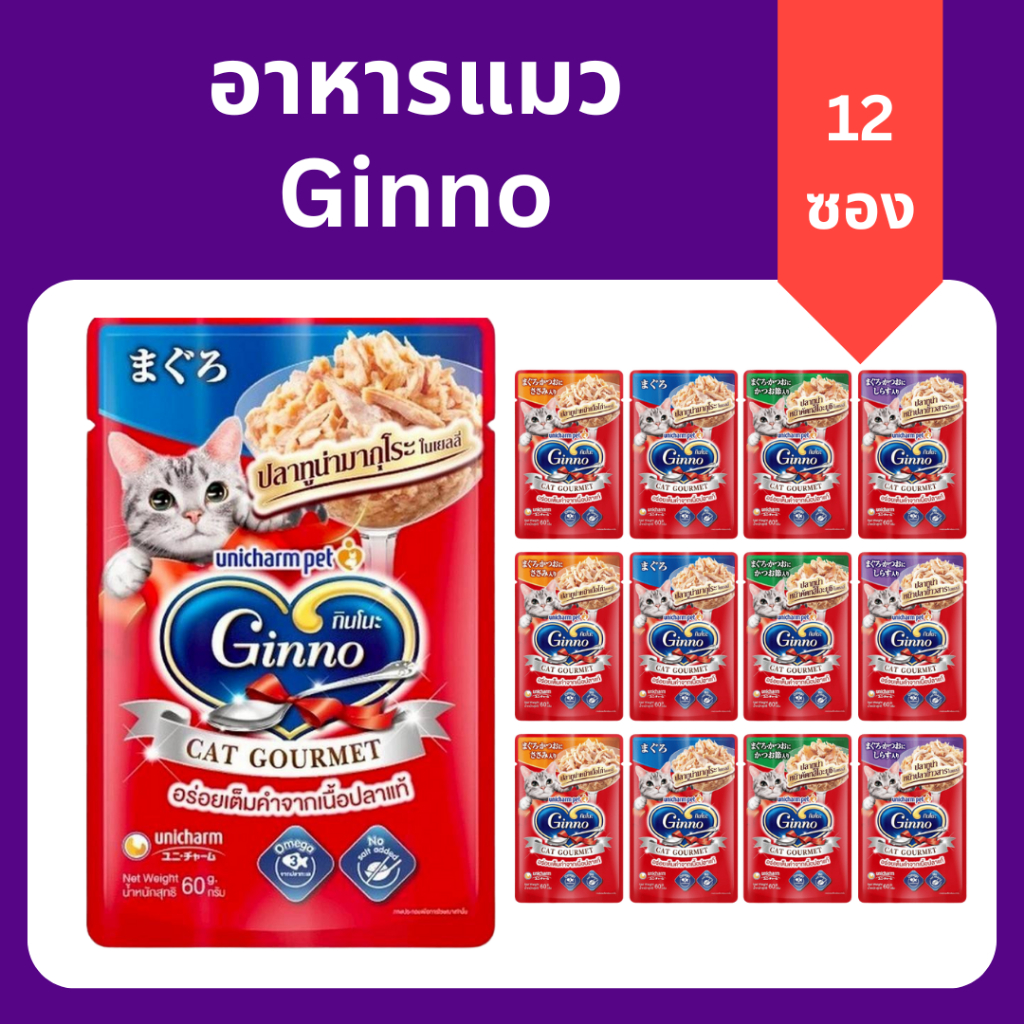 (12 ซอง) Ginno กินโนะ อาหารแมวเปียก 60g ทุกรสชาติ บำรุงขน ลดขนร่วง ไม่เค็ม เกรดพรีเมียม ราคาถูกที่สุด ของแท้