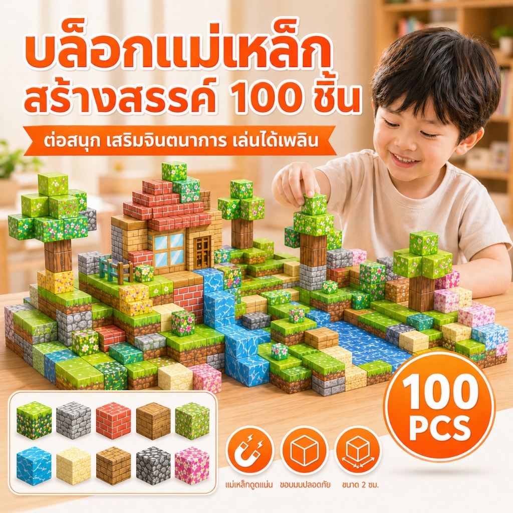 NIKO ชุดบล็อกแม่เหล็ก 100 ชิ้น ของเล่นเสริมพัฒนาการ DIY บล็อกสร้างสรรค์ สีสันสดใส ขนาด 2 ซม. สำหรับเด็ก