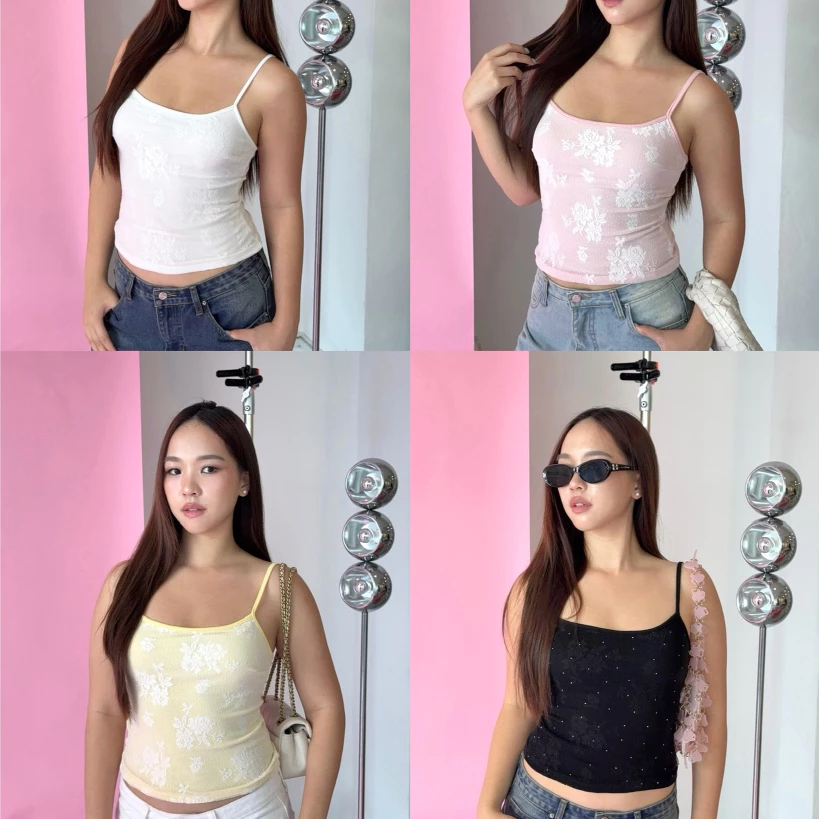 pina top by Duex Studio (XS-2XL) เสื้อกล้ามทรงสวยผ้านิ่ม ดีเทลลูกไม้กุหลาบเพชร