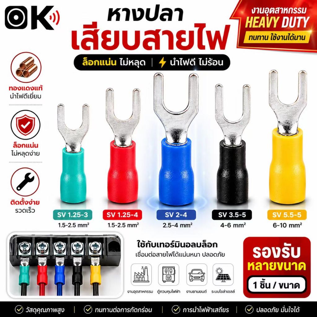 (1ชิ้น) หางปลาแฉกหุ้ม ก้ามปู หางปลา แฉกหุ้ม Terminal อย่างดี #เลือกขนาด SV 1.25-3, 1.25-4, 2-4, 3.5-5, 5.5-5, แฉกหุ้ม