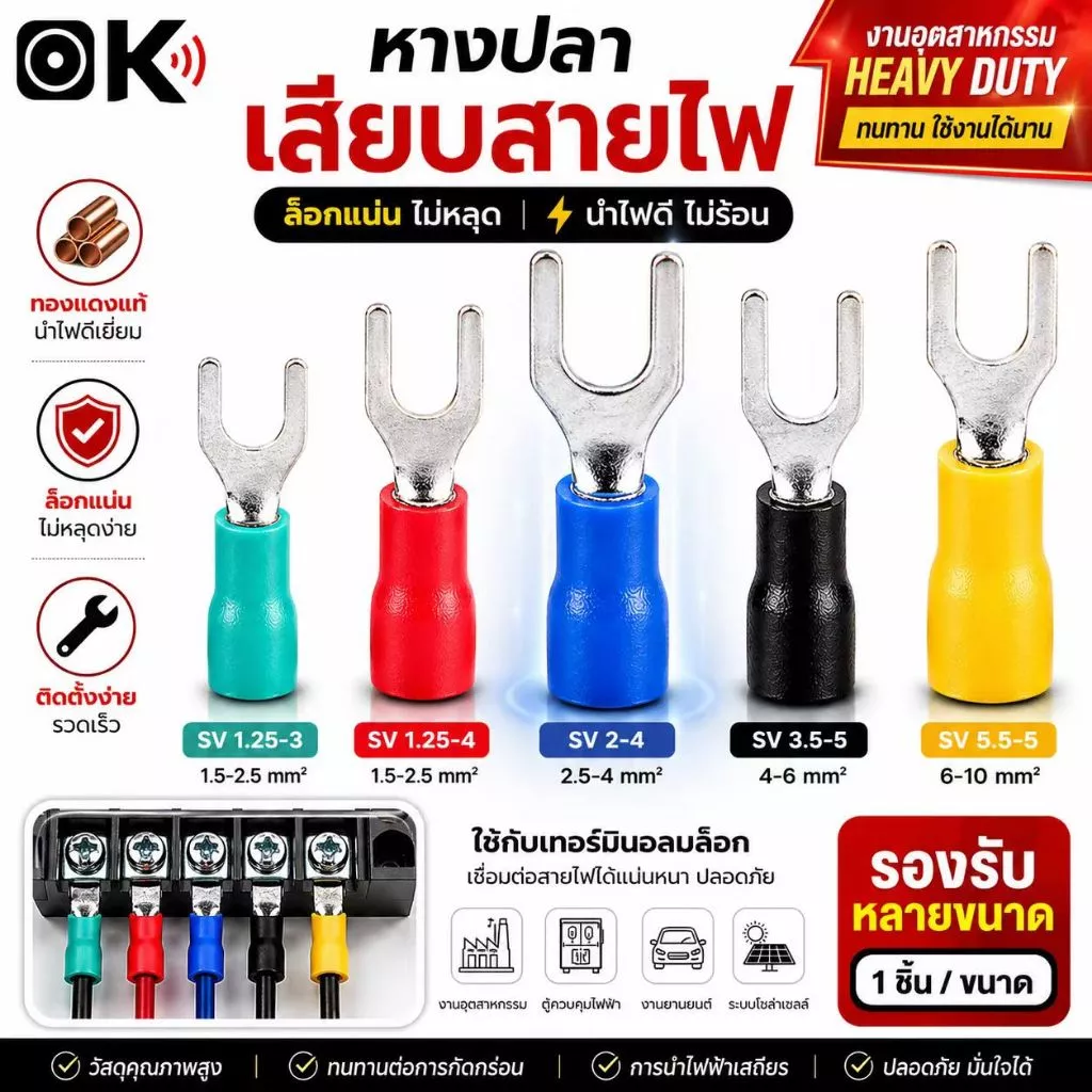 (1ชิ้น) หางปลาแฉกหุ้ม ก้ามปู หางปลา แฉกหุ้ม Terminal อย่างดี #เลือกขนาด SV 1.25-3, 1.25-4, 2-4, 3.5-5, 5.5-5, แฉกหุ้ม