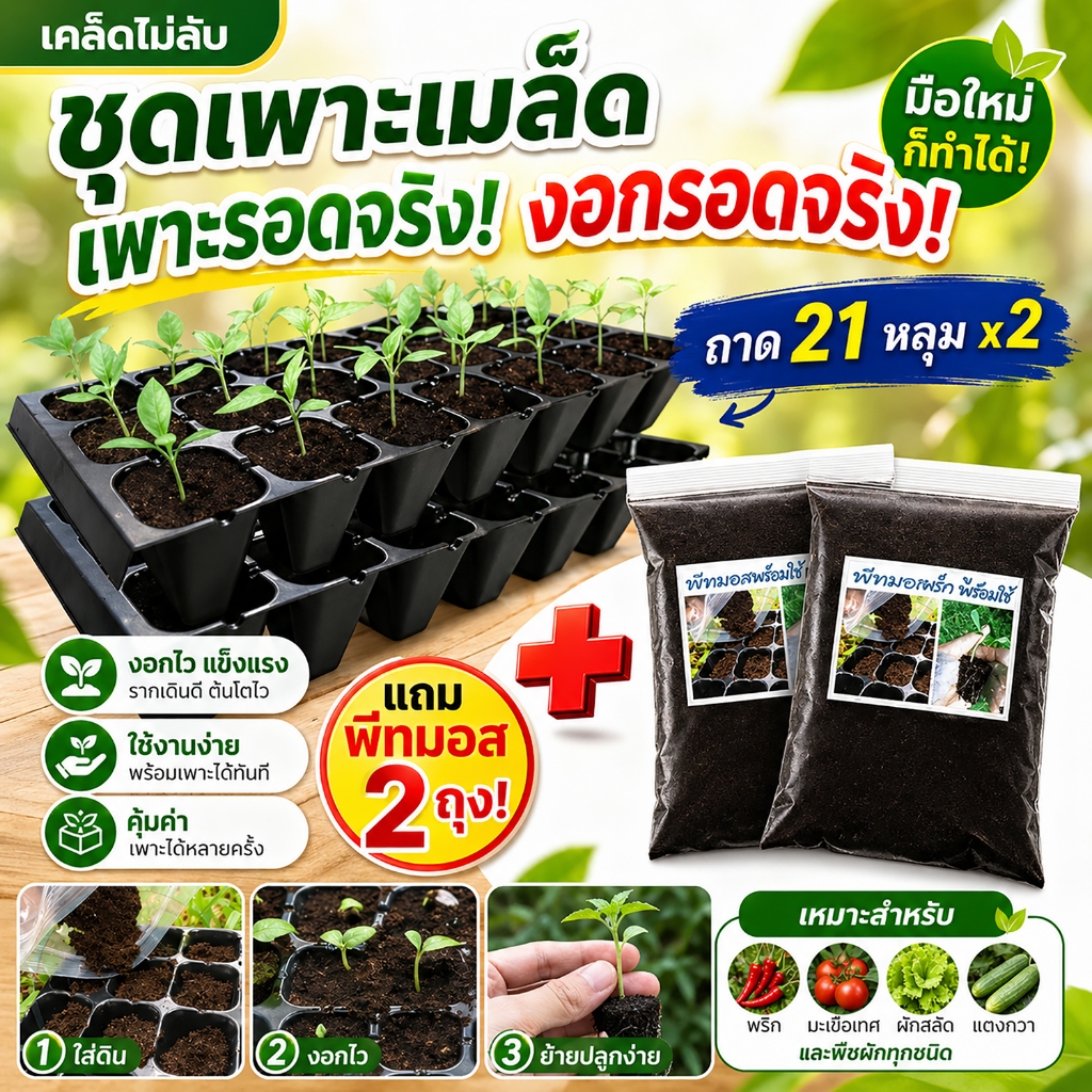 ชุดเพาะเมล็ด ถาดเพาะ 21 หลุม 2 อัน พรัอมวัสดุเพาะ พีทมอส พร้อมใช้ เพาะง่าย งอกไว
