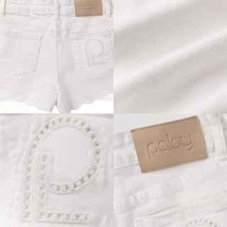 Paloy - PL6321 Sunday Shorts กางเกงยีนส์ขาสั้นผ้ายืด ปลายขาปักหยัก ด้านหลังกระเป๋าปัก Logo