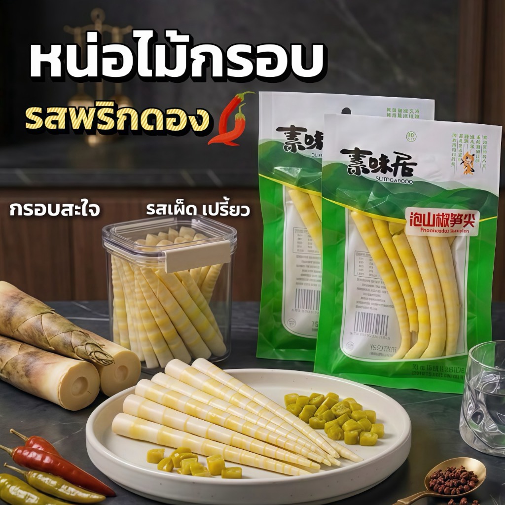 หน่อไม้รสพริกดองเปรี้ยวเผ็ดสไตล์โฮมเมด ชิ้นใหญ่กรอบสะใจ อร่อยลงตัวไม่เค็ม ขนาดสุดคุ้มห่อละ 100 กรัม