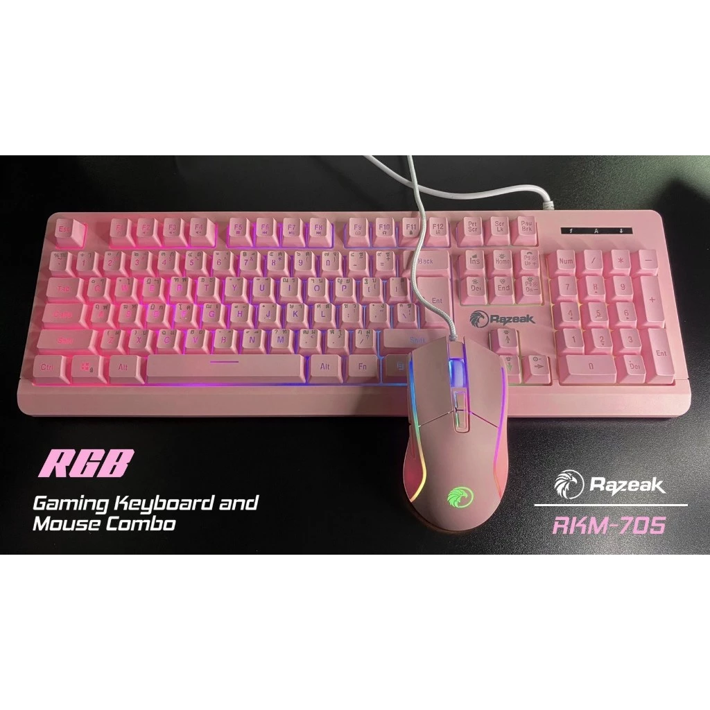 ลดราคา RKM-705 RGB Gaming Keyboard+Mouse Combo ชุดคีย์บอร์ดเมาส์สีชมพูเกมมิ่ง ไฟ RGB แป้นไทย-อังกฤษ