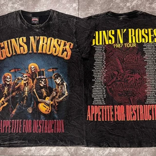 เสื้อยืดผ้าฟอก-ผ้าดำ GunnRoses1987(ป้ายRocktee เรืองแสง) ผ้าCotton100
