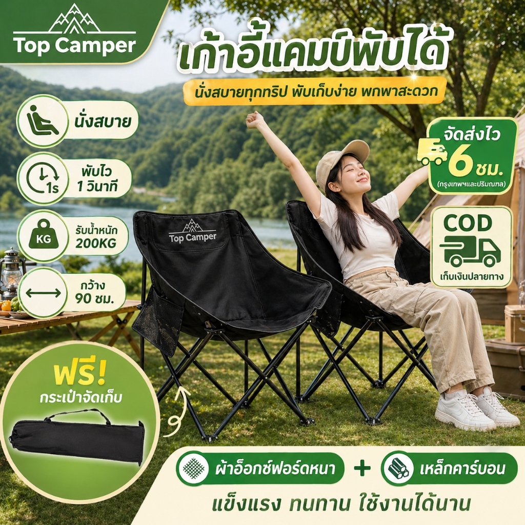 2026 Topcamper เก้าอี้แคมป์ปิ้ง เก้าอี้ดวงจันทร์ เก้าอี้พับกลางแจ้ง พับได้1วินาที รองรับ 200KG ฟรีถุงเก็บ