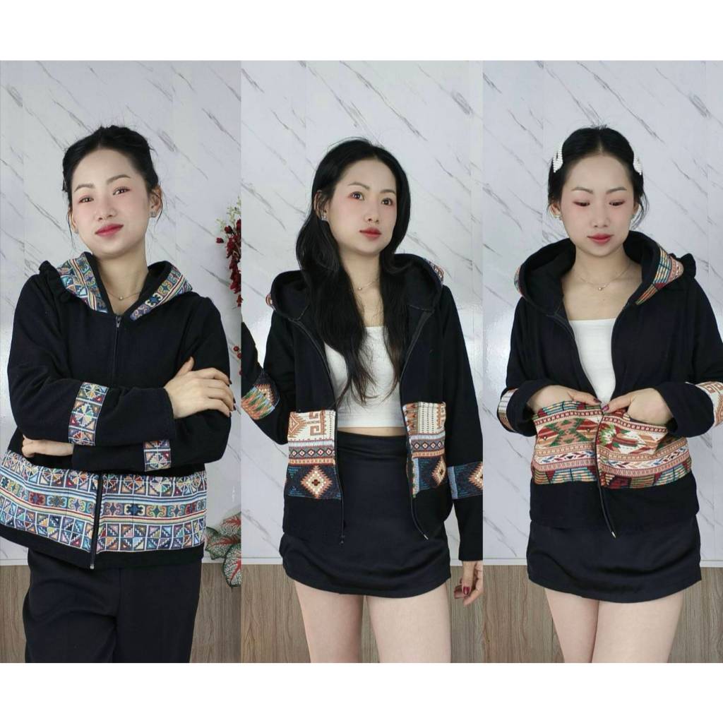 KIK PHA FAI [ไม่ตกสี]เสื้อฮู้ดแต่งผ้าทอ(มีกระเป๋า2ข้าง)