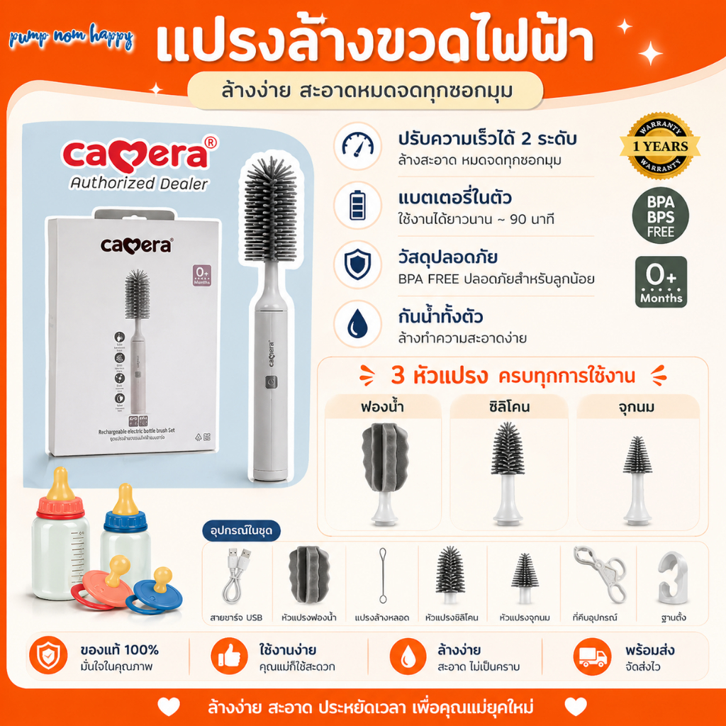 (ประกัน1ปี) CAMERA แปรงล้างขวดนมไฟฟ้า มีแบตเตอรี่ อุปกรณ์ครบเซท Rechargeable Electric Bottle Brush Set