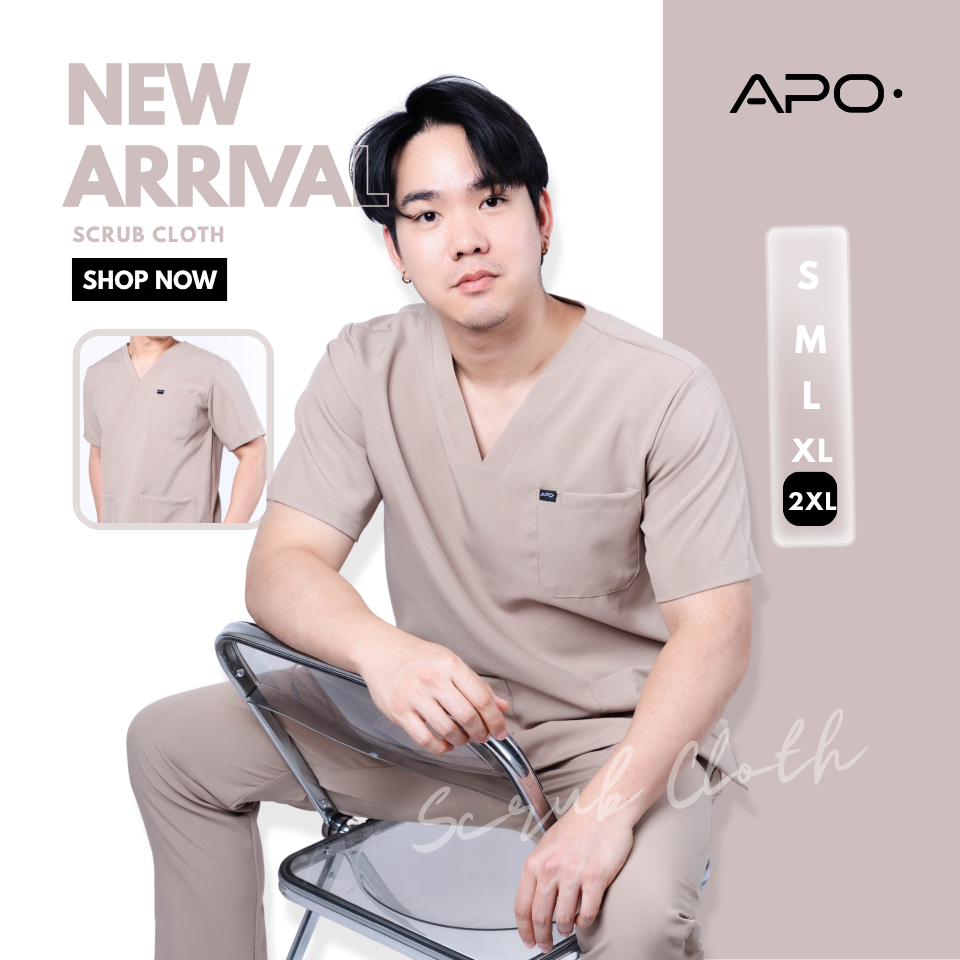 ปักชื่อฟรี ❗APO[สีกากี] ชุดสครับ เสื้อสครับ ชุดสครับพยาบาล ชุดพยาบาล (เสื้อ+กางเกง) เสื้อกาวน์สำหรับใช้ในงานโรงพยาบาล