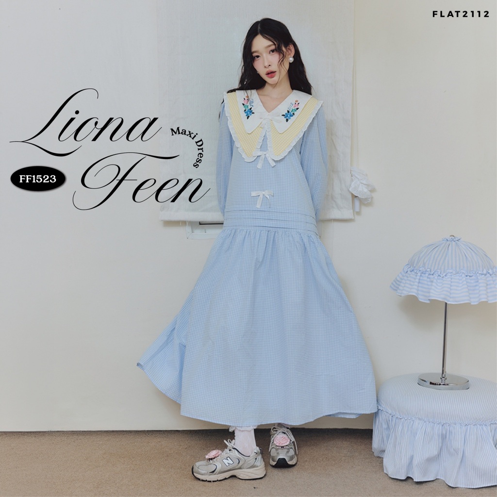 FLAT2112 : LIONA FEEN MAXI DRESS เดรสยาวลายตารางสีฟ้า เดรสคอบัวปักดอก เดรสแขนยาวผู้หญิง เดรสลายตาราง